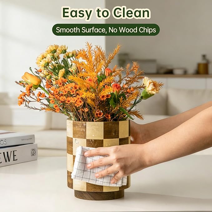 Wooden Utensil Holder, 360° Rotating Acacia Wood Kitchen Utensil Holder for Countertop, 7.2" Non-Slip Large Utensil Holder for Kitchen, Farmhouse Countertop Decor, Spatula Holders, Checkered