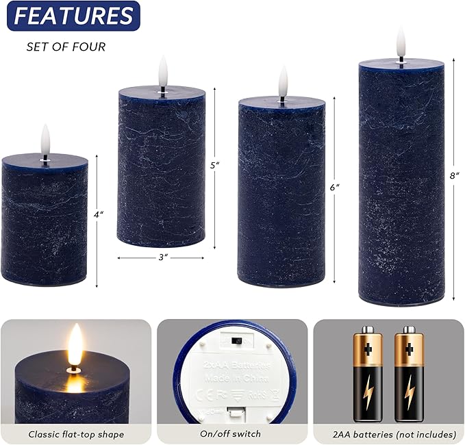 Blue Flameless Pillar Candles, Battery Operated Candles with Remote, Real Wax Flickering LED Candles for Home Party Wedding Holiday Decor, Set of 4, Φ 3" H 4" 5" 6" 8"