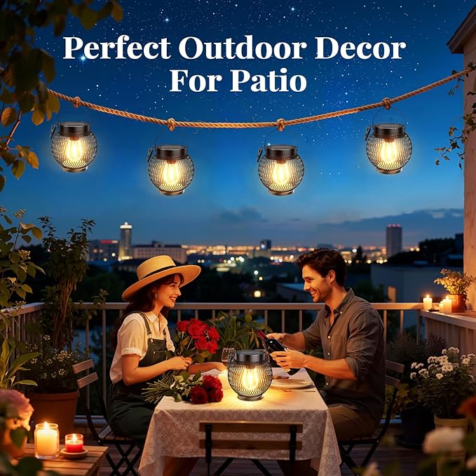 Solar Lanterns Outdoor Waterproof, Upgraded Hanging Solar Lights for Outside, Metal Solar Hanging Lanterns with Clip, Solar Powered Lantern for Patio Porch Garden Decor, 2 Pack