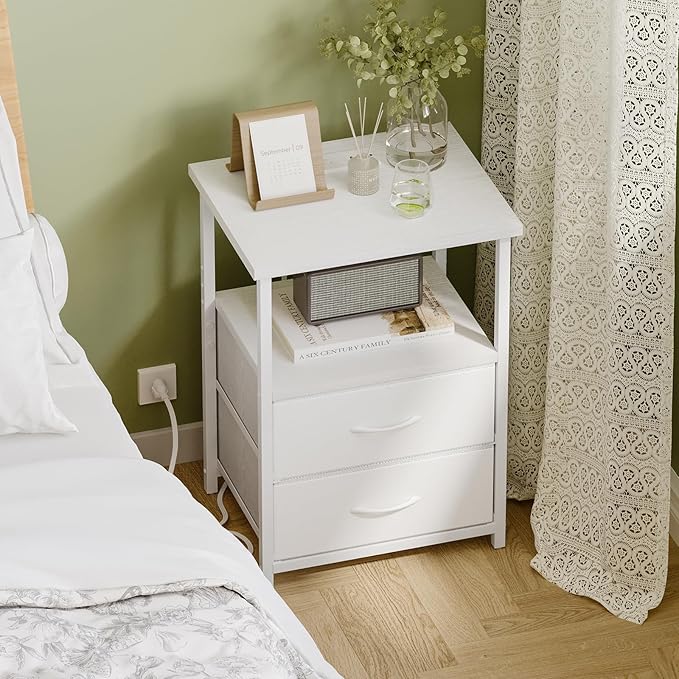Fixwal White Night Stand with Charging Station, Bedroom Nightstand with Fabric Drawers, Bedside Table with PU Finish