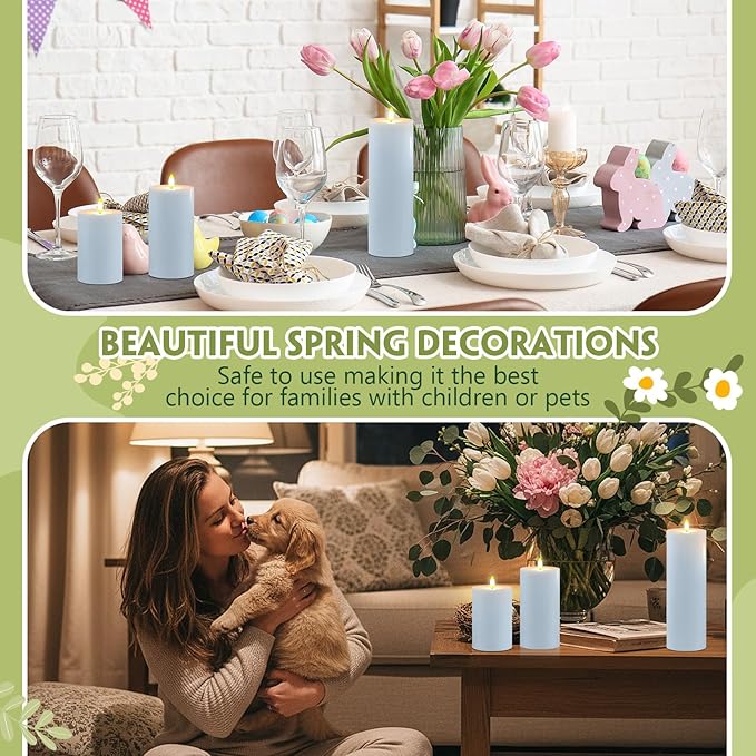Retisee 3 Pcs Winter Light Blue Large Flameless LED Candles with Remote Spring Battery Operated Flickering Pillar Candles for Indoor Outdoor Party Wedding Light Decor(6''/8''/12''x4'')