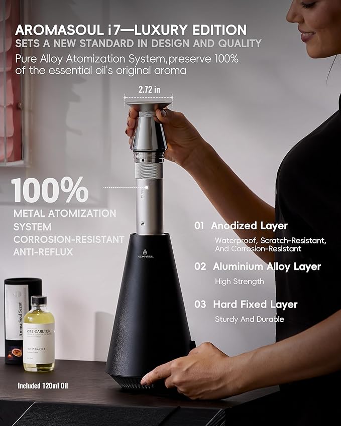 Wireless Rechargeable Waterless Scent Diffuser Starter Kit - 1500 Sq Ft Coverage,Alloy Atomization System,Mood Light, Hotel Scent Diffuser, Including 120ml Essential Oil, for Home,Large Room,Spa,Black