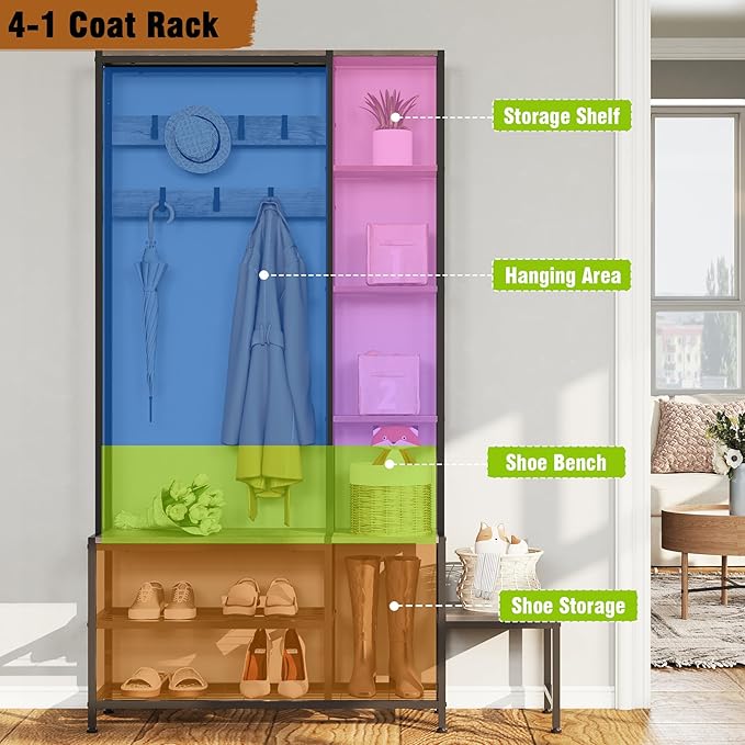 Hall Tree with Shoe Storage Bench Coat Rack with 7 Hooks Interchangeable 4 Tier Side Storage Shelves Small Cute Side Bench Industrial 5-in-1 Entryway Coat Rack for Hallway Mudroom Bedroom