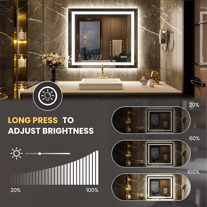 LOAAO 42"x36" LED Bathroom Mirror with Lights, Anti-Fog, Dimmable, Backlit + Front Lit, Lighted Bathroom Vanity Mirror for Wall, Memory Function