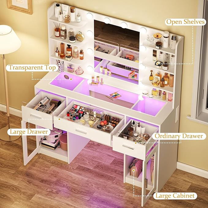 Vanity Desk, Makeup Vanity Desk with Mirror and Lights 3 Colors, Transparent Top with 3 RGB Drawers, 6 Shelves, 2 Large Tempered Cabinets, Power Outlet, for Bedroom, White