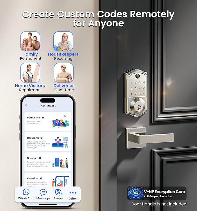 Veise VE017G Wi-Fi Keyless Entry Door Lock, App Remote & Voice Control, Fingerprint Smart Locks for Front Door, Touchscreen Electronic Keypad Deadbolt, Auto Lock, Emergency Power Port, Satin Nickel