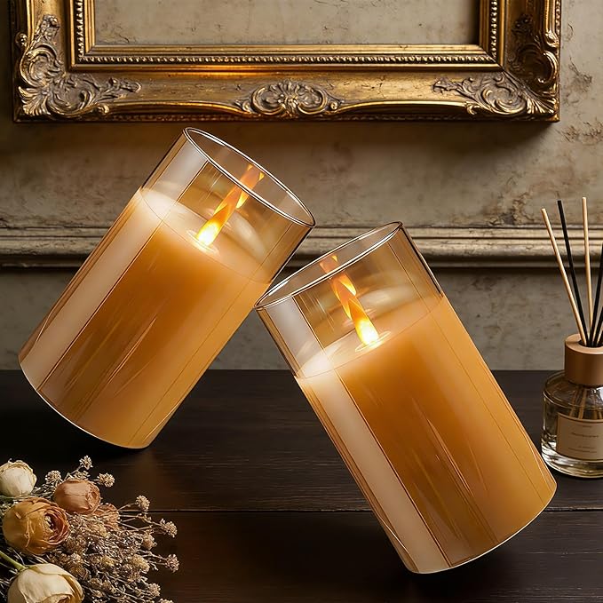 2 - Pack 6" Golden Rechargeable Flameless Pillar Candles with Remote & Timers，USB-Rechargeable Realistic Flickering Candles Real Wax - Ideal for Wedding & Festival Home Decoration