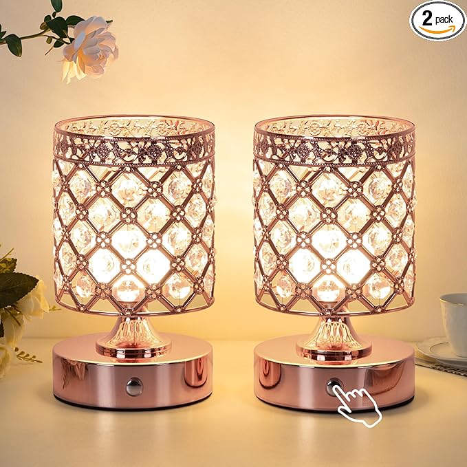 TOBUSA Crystal Rechargeable Cordless Table Lamps Set of 2, Wireless Lamps with 3 Color Temps & Stepless Dimming, Portable 6000mAh Battery Operated Lamps, Rose Gold Small Desk Lamps for Bedroom Bar