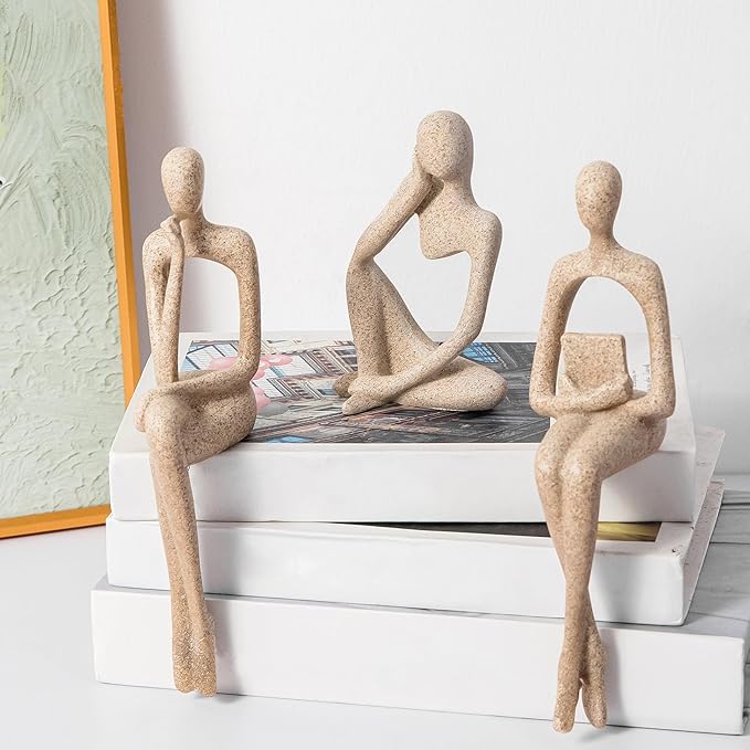 Gold Home Decor Thinker Statue Accents, Set of 3 Thinker Sculptures Office Decor Modern Abstract Resin Decoration on Shelf Table Desk for Living Room Office Bedroom Bookshelf Decor (Large Sandstone)