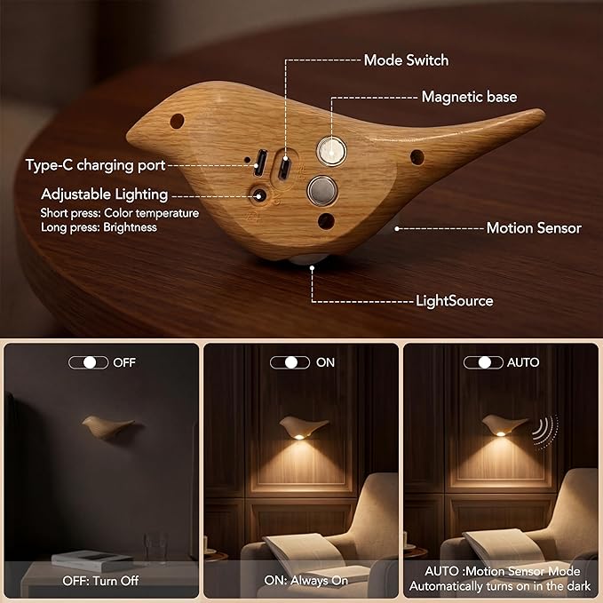 Timber Motion Sensor Night Light, Magnetic Wall Light, Rechargeable Bird Lamp, USB Type-C, Warm LED Night Lamp for Bedroom, Bathroom, Hallway, Stair (2 Pack)