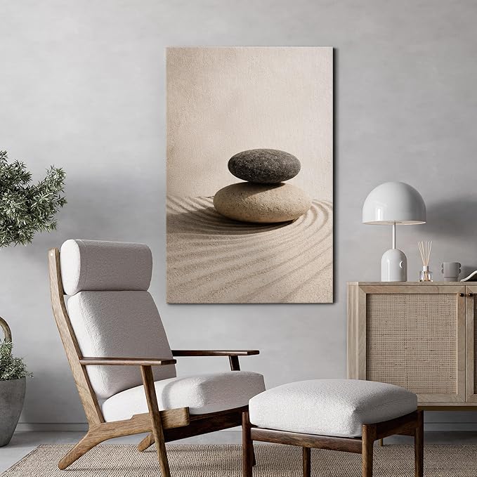 wall26 Canvas Print Wall Art Balanced Zen Stones on Raked Sand Minimal Neutral Photography Realism Rustic Colorful Multicolor for Living Room, Bedroom, Bathroom - 16"x24"