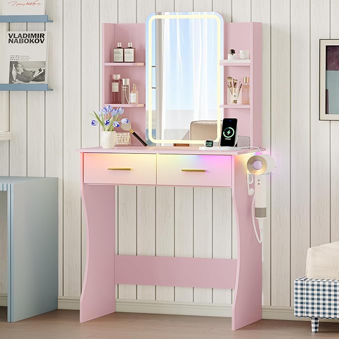 Vanity Desk with LED Lights Mirror & Power Outlet, Small Makeup Vanity Table Set with Storage Drawers, 3 Lighting Modes & Adjustable Brightness, Dressing Table for Women Girls Bedroom, Pink(NO Stool)