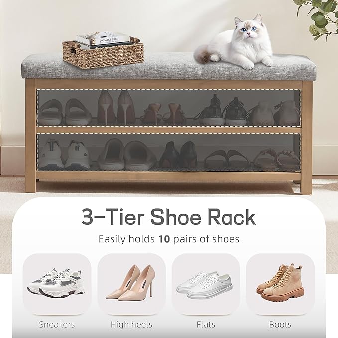 Shoe Rack Bench with Cushion, 2 Tier Solid Wood Storage Bench, Mid-Century Modern Shoe Bench for Entryway, Hallway, Closet, Front Door Entrance, Foyer (Grey, 46.5")