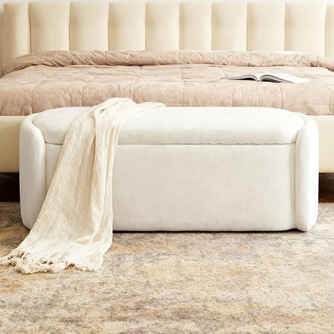 VKNOW 46" Oval Storage Ottoman Bench, Upholstered End of Bed Bench Ottomans Bench Foot Rest, Sherpa Storage Bench for Bedroom, Living Room and Hallway, Beige