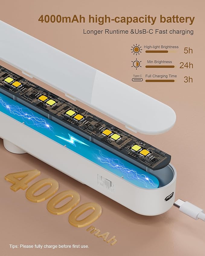 LED Vanity Lights for Mirror, White Wireless Makeup Mirror Lights with 4000mAh Battery, 3 Color Temperatures & Dimmable, Magnetic 360° Rotation, Stick On Design for Bathroom & Vanity