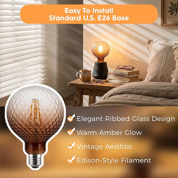 Vintage Edison LED Bulbs, Dimmable 4W Globe G125, 2200K Warm White Ambient Mood Lighting for Decoration, Squirrel Cage Filament, Gradient Brown Diamond Figure Glass LED Light Bulbs, E26 Base