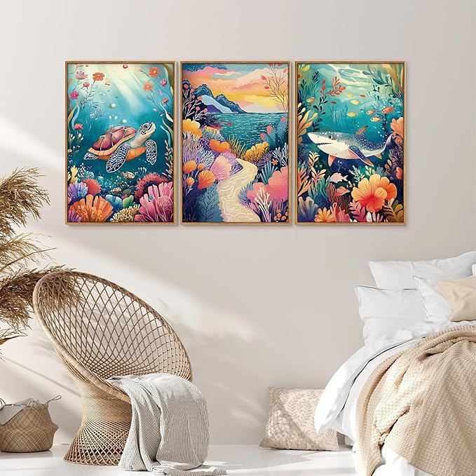 YeeHomedec Large Tropical Ocean Themed Framed Canvas Wall Art, Sea Turtle Shark Wall Decor, Coastal Nature Landscape Art Print, Marine Life Poster for Kids Nursery Classroom Playroom Bedroom 16"x24"x3