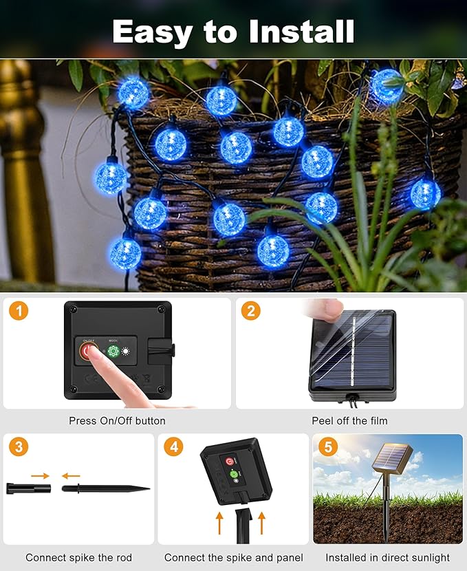btfarm 2 Pack Solar String Lights Outdoor Waterproof, Total 98 FT 100 LED Solar Powered Patio Light, 8 Lighting Modes Crystal Globe Decoration for Garden Balcony Porch Yard Party, Blue
