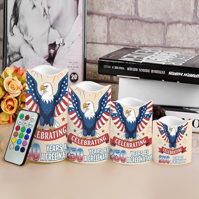 A Free Nation Flickering Flameless Candles Bald Eagle LED Battery Operated Timer 250th American Anniversary Candle Warmer Lamp Celebrate 4th of July Independence Day, 4 Pack