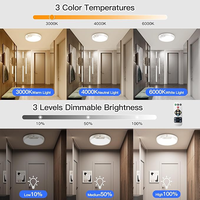 Homelist Rechargeable Motion Sensor Ceiling Light with Remote - Wireless Battery-Operated Ceiling Light for Pantry, Basement Storage, Closet, Bathroom, Laundry Room, Hallway, Stairs (3CCT)