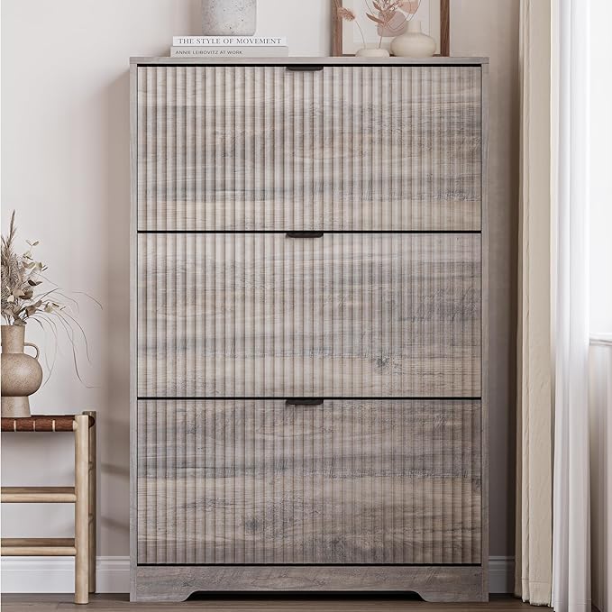 Entryway Shoe Cabinet with 3 Flip Drawers, Narrow Shoe Organizer Cabinet with Fluted Panel and Adjustable Shelves for Foyer, Hallway