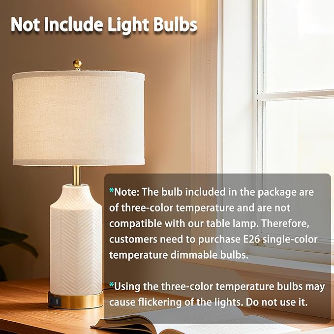 22" Touch Table Lamps Set of 2 with USB A+C Ports for Living Room, Dimmable Nightstand Ceramic Lamps with Linen Shade, Modern Bedside Lamp for Bedroom Home Decor, No Bulbs (2, White and Beige)