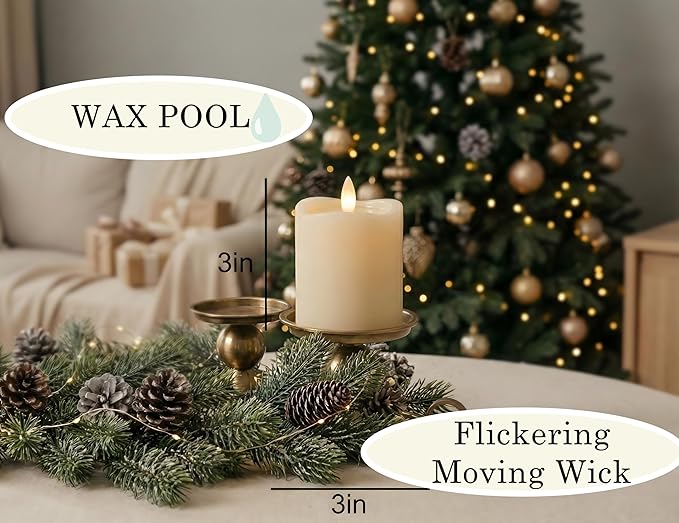Flameless Pillar Candles Flickering with Remote Timer, Battery Operated LED Candles Up to 400 Hours, 3D Moving Flame Real Wax Candles. (Ivory with Art Water)