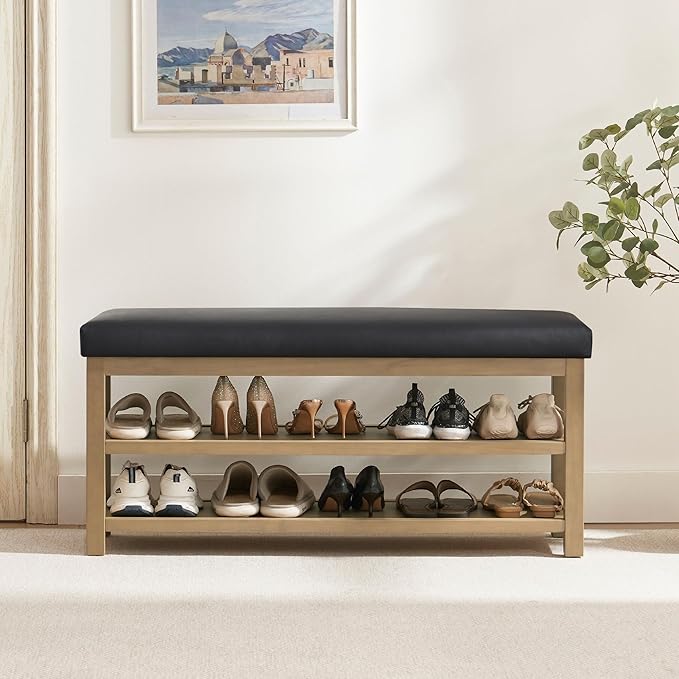 Shoe Rack Bench with Leather Cushion, 2 Tier Solid Wood Storage Bench, Mid-Century Modern Shoe Bench for Entryway, Hallway, Closet, Front Door Entrance, Foyer (Black, 46.5)