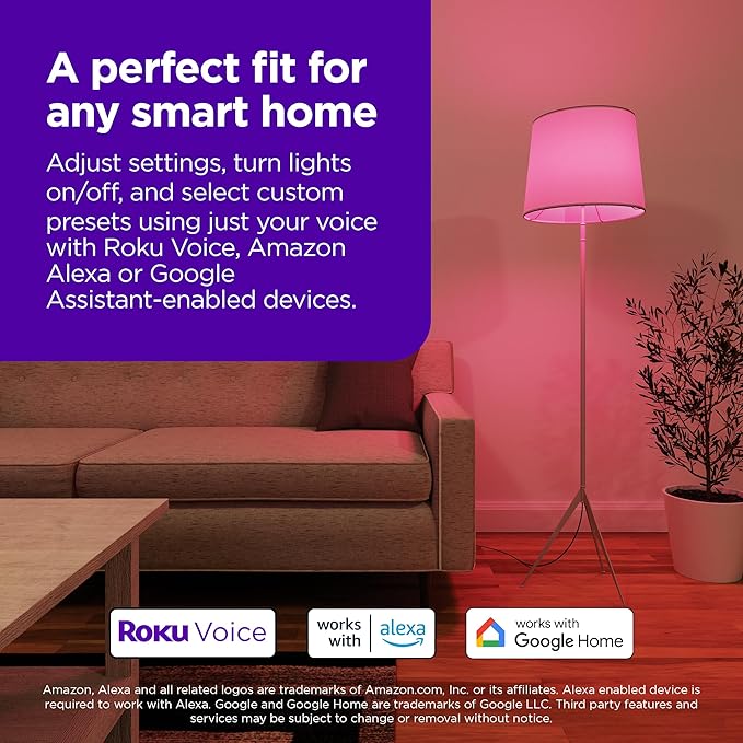 Roku Smart Light Bulbs (Color, 2-Pack) - Dimmable A19 Color Lightbulbs with Adjustable Brightness & Temperature - WiFi Smart Bulbs Works with Roku Voice, Alexa & Google Assistant - Smart Home Products