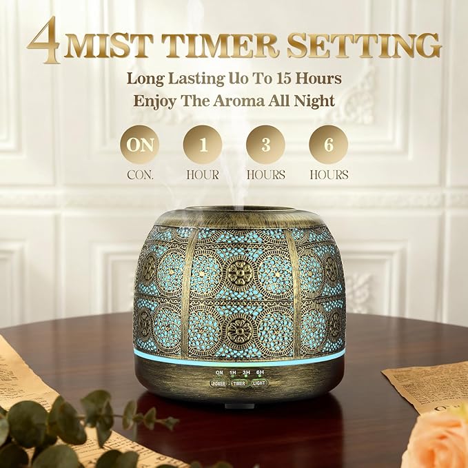 ARVIDSSON Essential Oil Diffuser, 500ml Aromatherapy Diffuser for Home, Ultrasonic Diffusers for Essential Oils, Metal Oil Diffuser with Mist Timer and Color Mood Light, Gift for Women and Men