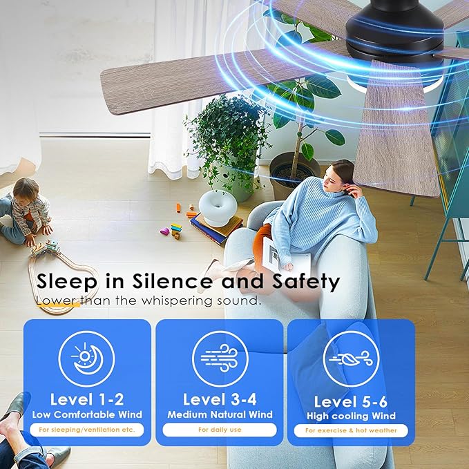 Flush Mount Ceiling Fan with Lights - 46IN Modern Indoor/Outdoor Ceiling Fan Light with Remote/APP, Low Profile Fan Light with 6 Speeds, Dimming, for Bedroom, Living Room, Brown