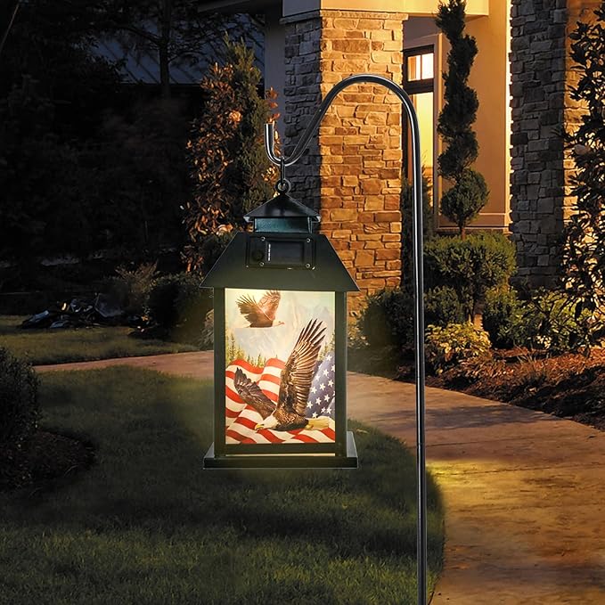 Afirst Solar Lantern Outdoor, Hanging Lights Decorative American Flag Outdoor Lighting Waterproof Umbrella Lights for Patio Garden, Table,Party Decor（Included Shepherd Hook）