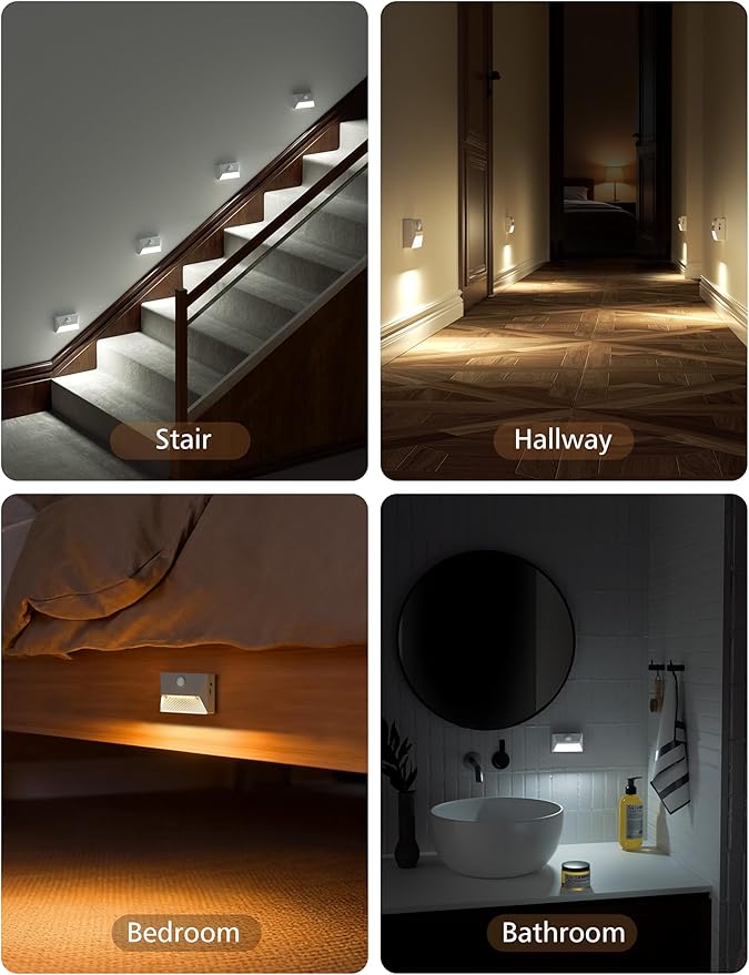 NIORSUN Motion Sensor Stair Lights Indoor, 2000mAh Battery Operated Night Light, 3 Color Temperature with Light Sensor for Stairway, Hallway, Bathroom, Kitchen, Bedroom White 4 Pack