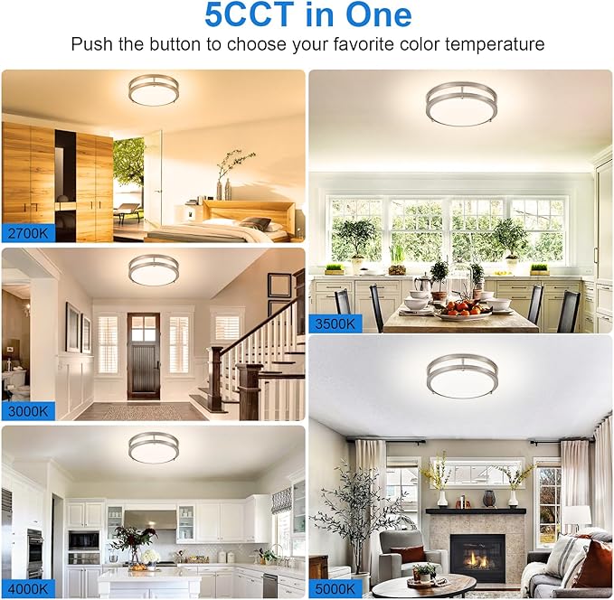 DLLT 2Pack Flush Mount LED Ceiling Light: 10 Inch 5CCT (3000K-6000K) & Dimmable Ceiling Light Fixtures for Bedroom - 18W Modern Brushed Nickel 1600LM Super Bright Kitchen Lighting Fixtures Ceiling