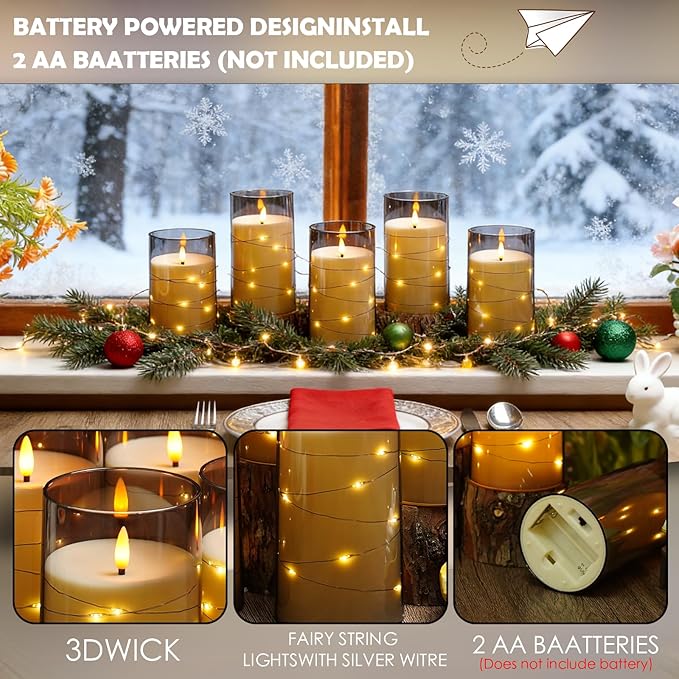 Flameless LED Candles with Timer 12 Pc Flickering Flameless Candles for Romantic Ambiance and Home Decoration Stable Acrylic Shell,with Embedded Star String，Battery Operated Candles(Grey)