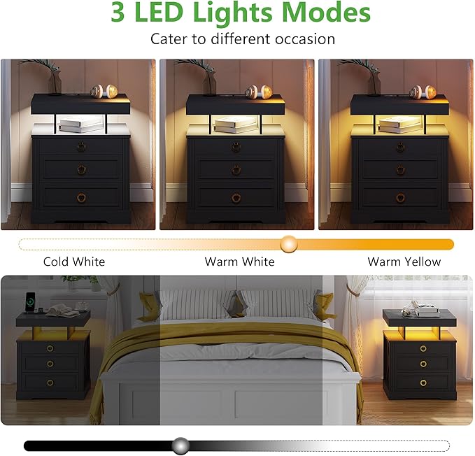 HNEBC Nightstand with Gun Drawers, LED Farmhouse Night Stand with Charging Station, Smart End Table with 3 Color Auto Light, Bedside tabel with Hidden Compartment for Bedroom Furniture-Black