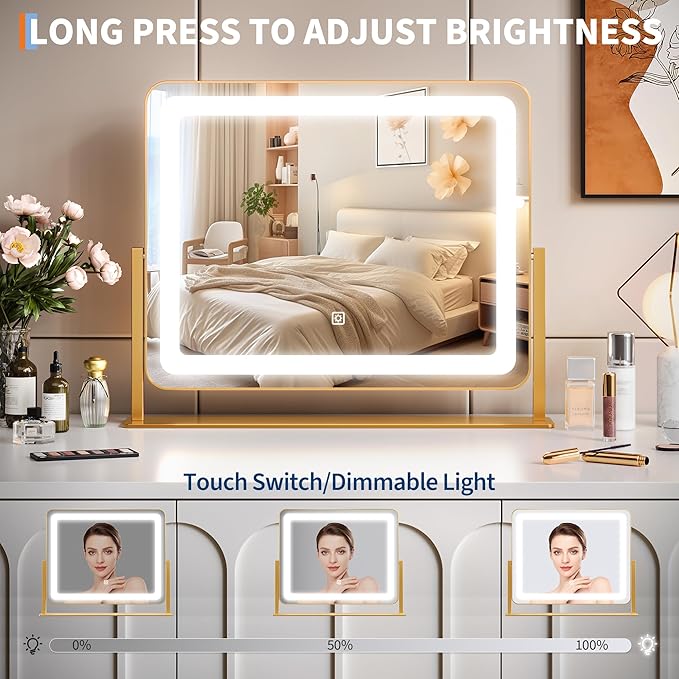 IDEALHOUSE Vanity Mirror with Lights, 20"x17" Lighted Makeup Mirror, LED Desk Mirorr with 360° Rotation, Dimmable 3 Modes, Smart Touch Control for Bedroom or Tabletop(Square,Gold)