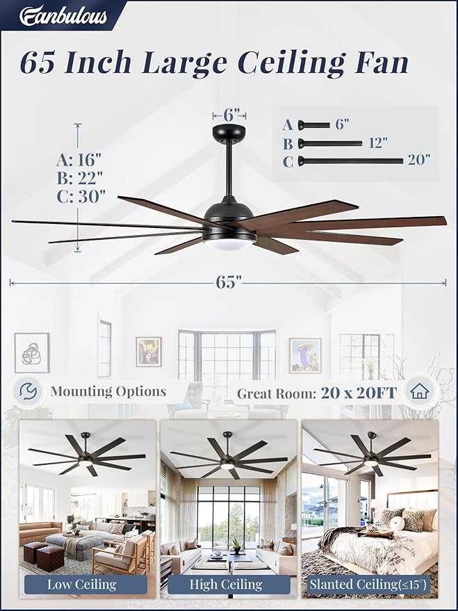 Fanbulous 65 Inch Ceiling Fans with Lights and Remote, Black and Wood Grain Indoor/Outdoor Ceiling Fan with Quiet Reversible DC Motor, 3CCT, 6 Speeds, Large Ceiling Fan for Living Room Bedroom