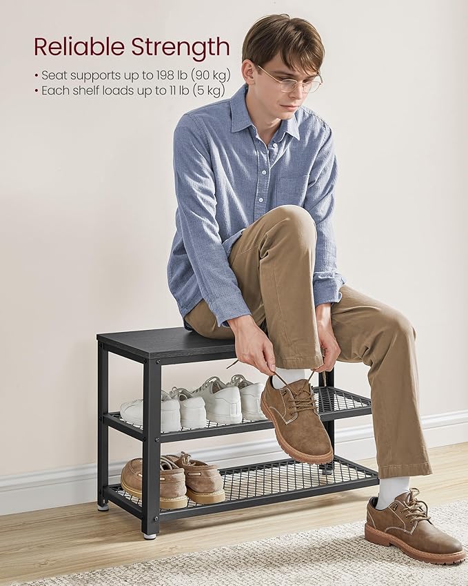 VASAGLE 3-Tier Shoe Rack, Shelf Storage Bench with Metal Mesh Shelves and Seat, Free Standing Shoe Organizer for Entryway, 11.8 x 28.7 x 17.7 Inches, Ebony Black and Black ULBS073B06