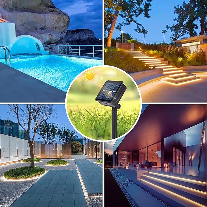 Solar LED Strip Lights Outdoor Solar Powered Rope Light Waterproof 10FT Cuttable Tape Lighting 3000K Warm White with 8 Modes for Fence, Outside, Stair, Step, Yard, Pool, 1 Pack