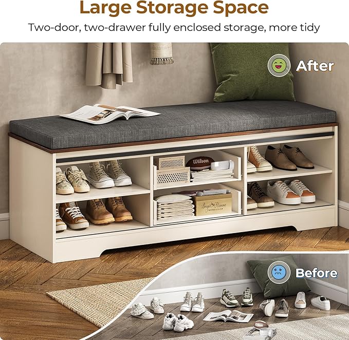 60“ Farmhouse Storage Bench with Cushion, Shoe Rack with Slide Barn Doors, Adjustable Shelf and 2 Drawer for Entry, Bedroom, Closet, Living Room, Hallway (White Brown, 60 in)