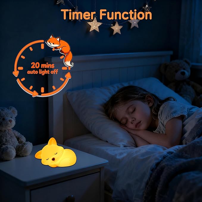 Led Cute Fox Night Light, 2 Levels Dimmable Timer Nursery Nightlight for Kids, Rechargeable Touch Bedside Lamp, Used for Camping Party Room Decor(Fox)