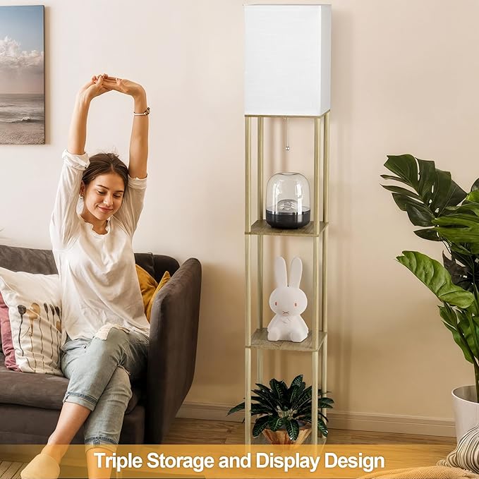 PARTPHONER Floor Lamp with Shelves for Living Room Natural Wood 2 Pack, Shelf Floor Lamp with 3 CCT LED Bulb, Corner Display Standing Column Lamp Etagere Organizer Tower Nightstand for Bedroom Office