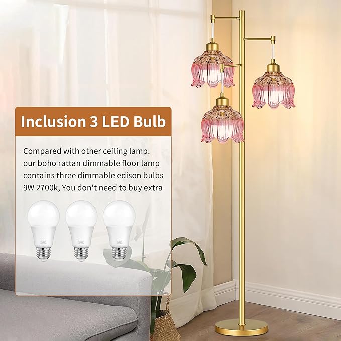 Pink Floor Lamp for Living Room,Bedroom,Gold Mid Century Modern Standing Lamp Brass Tree 3 Light Tall Floor Lamps Vintage Retro Floor Lights Glass Flower Lamp Shade Girls Kids Boho Bohemian