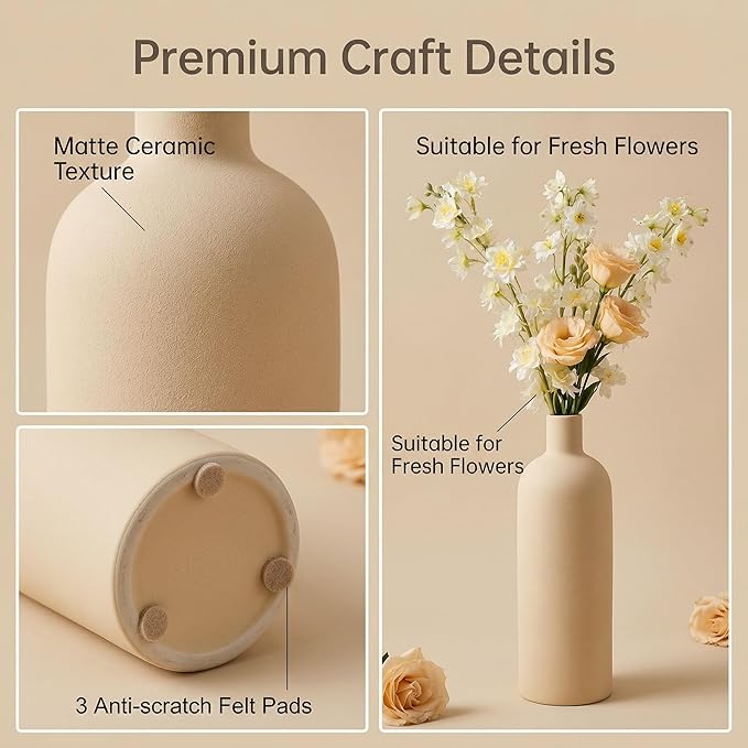 Beige Ceramic Vase Set of 4, Modern Neutral Colors Home Decor, Rustic Farmhouse Decorative Flowers Vases for Bouquet, Pampas | Table Mantel Centerpiece Bookshelf Living Room Bedroom (Beige)