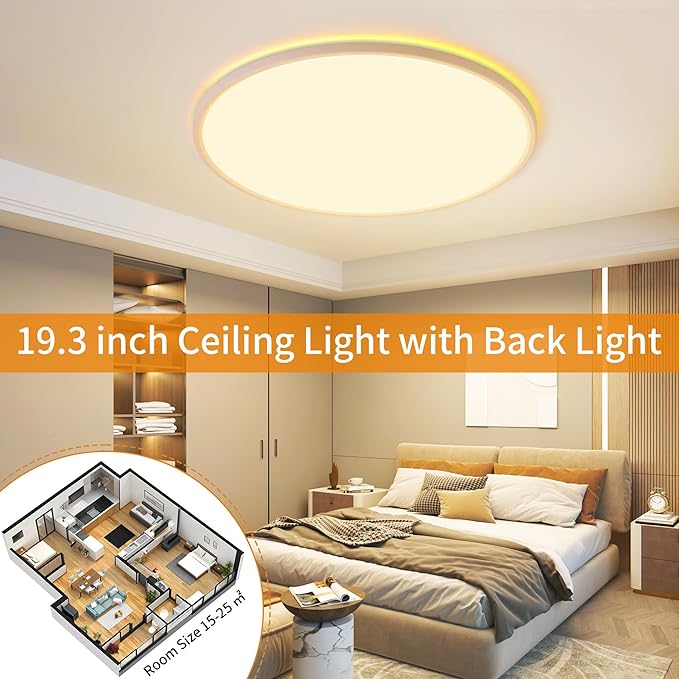 Flush Mount Ceiling Light with Night Light, 19in LED Ceiling Lights with Remote Control, 1800K Nightlights & 3000-6500K Dimmable Lamp Fixture, 45W 4500LM Low Profile for Bedroom, White
