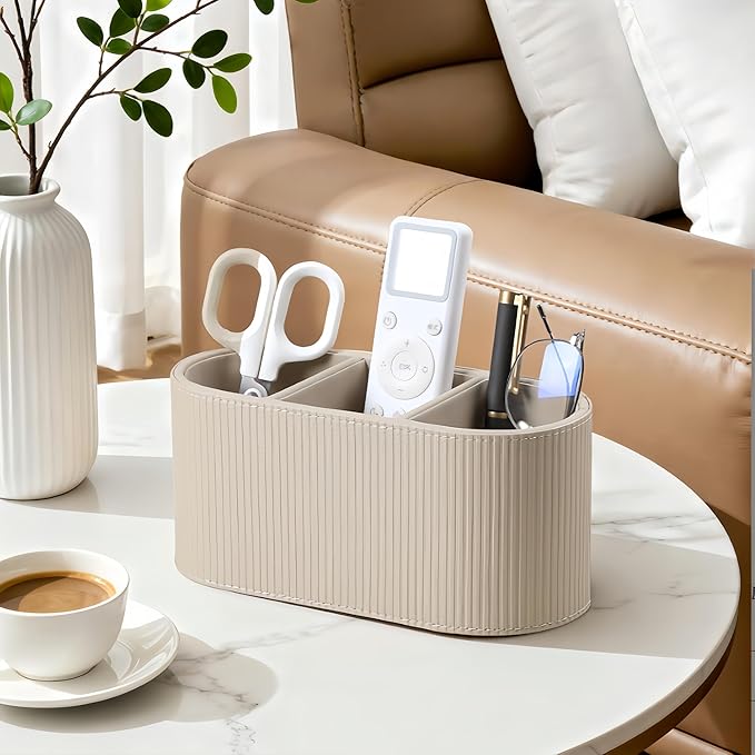 Bedside remote control bracket with 3 compartments, PU leather small bedside table storage for storing household office supplies and accessories (Beige)