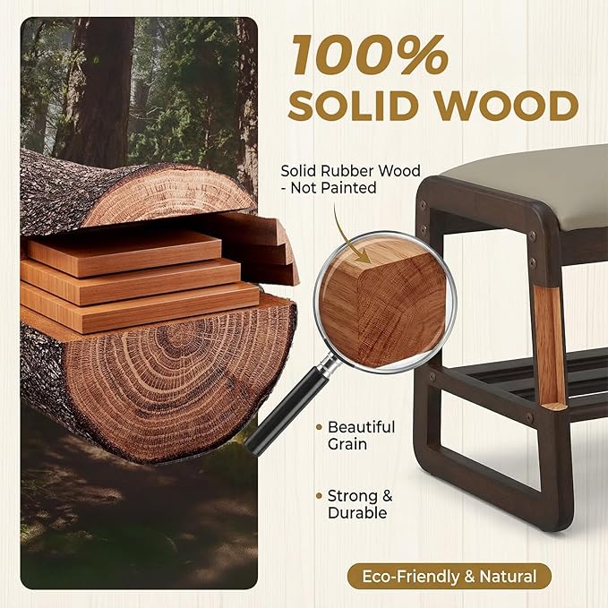 Small Shoe Rack Bench,2 Tier Solid Wooden Entryway Bench with Shoe Storage, Shoe Rack with Cushion for Living Room, Hallway(Pu Beige, 21.6")