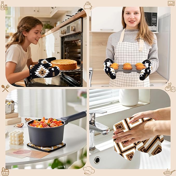 8 Pcs Western Aztec Kitchen Decor Accessories Set Farmhouse Towels Pot Holders Oven Mitts Set 4 Dish Towels 2 Potholders 2 Cooking Mittens Oven Glove for Home Baking Cooking Supply(Brown,Kitchen)