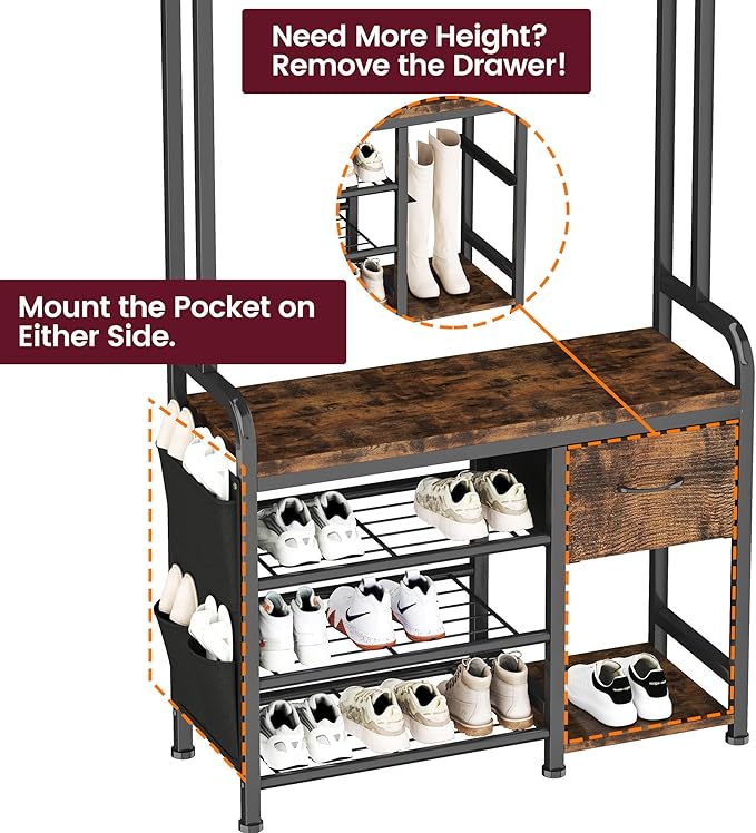 Homeiju Hall Tree with Bench and Shoe Storage, 3-in-1 Entryway Organizer with 6+2 Hooks, Coat Rack with Adjustable Feet for Stability, Mudroom Furniture with Storage Shelf